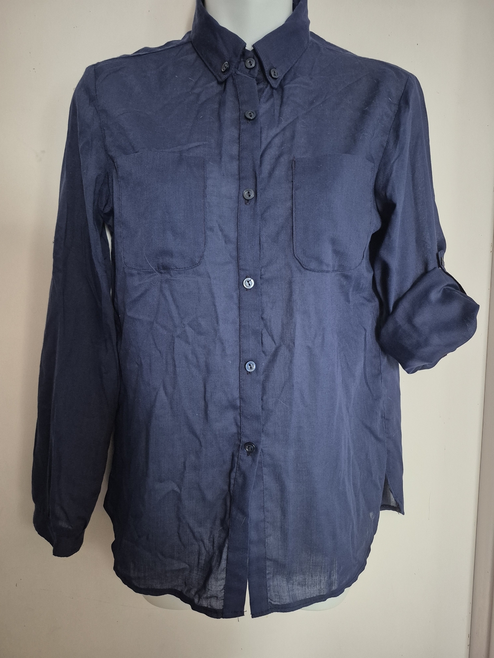 70s Vintage Rool-up Sleeves Shirt In Navy